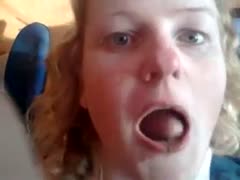 Teen blonde showing off her mouth full of poop